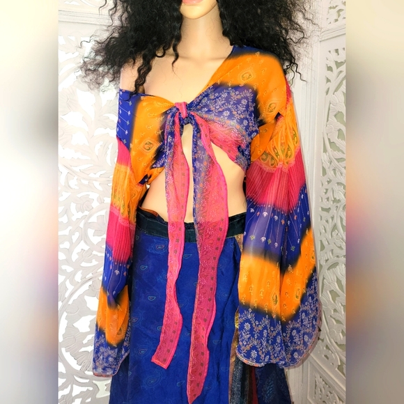Exotic Blue & Gold Multicolor Silk Cropped Tie Top - Picture 15 of 15
